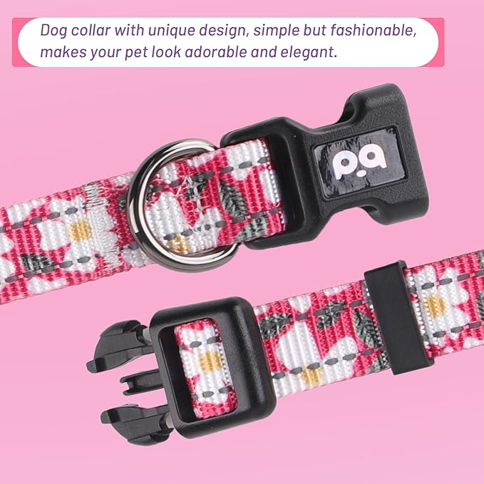 Dog Collar Cute Flower, Reflective Adjustable Basic Collars for Girl Female Small Medium Large Dogs Walking Running(Small,Pink)