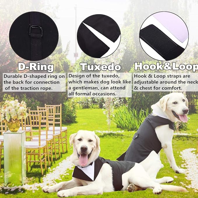 QBLEEV Tuxedo for Large Dogs, Suit and Bandana Set, Wedding Outfit With Bow Tie, Formal Tux Costume for Halloween, Christmas, Birthday Party, Cosplay, Black L