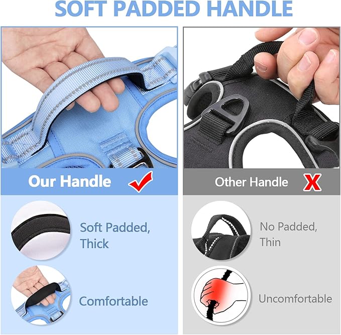 PoyPet No Pull Dog Harness, No Choke Reflective Dog Vest, Adjustable Pet Harnesses with Easy Control Padded Handle for Small Medium Large Dogs(Light Blue Matching Trim,XL)