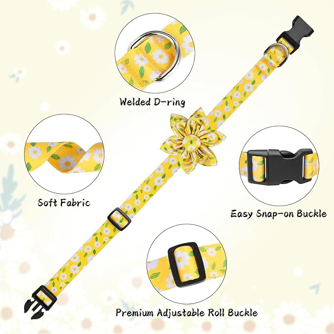 Daisy Yellow Girl Dog Collar Cute Dog Collars with Bow for Large Dogs Floral Colored Options Soft and Fancy Dog Collars for Flower Pattern for Boy/Girl Dog Collar L