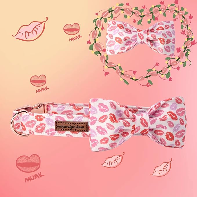 Unqiue Style Paws Valentine's Lips Dog Collar, Soft and Cute Dog Bow Tie, Holiday Durable Pet Collar with Bow Adjustable Collar for X-Small Puppy