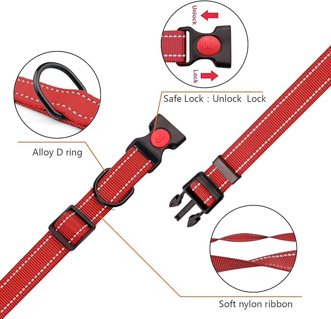 Reflective Dog Collar and Leash Set with Safety Locking Buckle Nylon Pet Collars Adjustable for Small Medium Large Dogs 3 Sizes(Red&S)