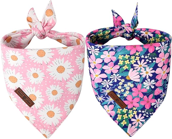 Lionet Paws Summer Floral 2pcs Dog Bandanas, Pink Daisy Dog Scarf Bib Premium Fabric, Blue Blossoms Bandanas for Medium Large Dogs Pets