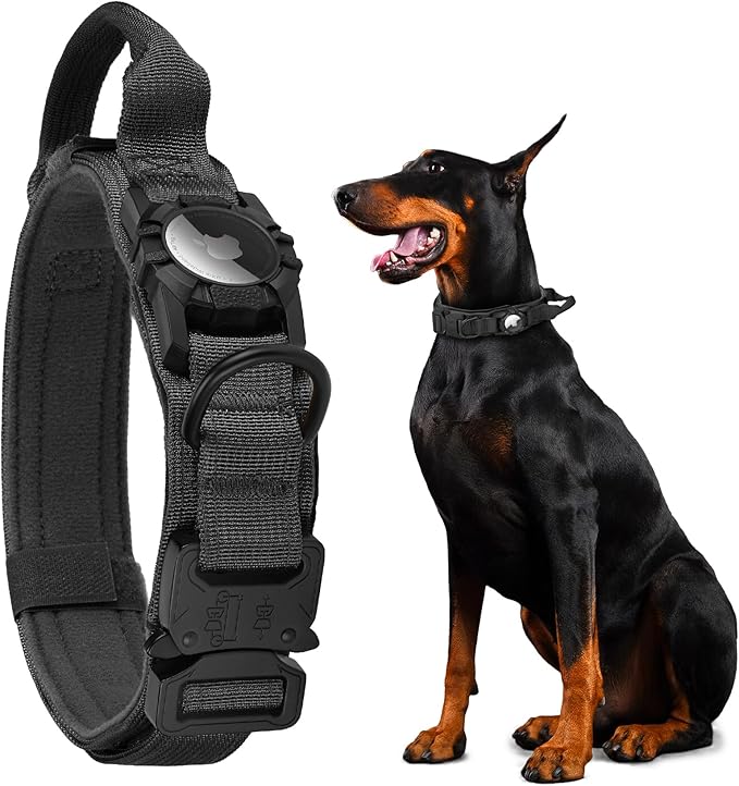 Tactical AirTag Dog Collar - Heavy Duty, Adjustable GPS Collar Compatible with Apple AirTag, with Holder & Control Handle for Medium/Large Dogs [ Black, L ]