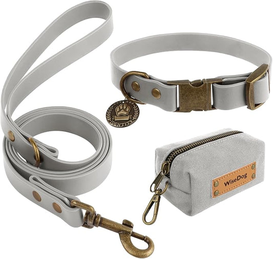 Wisedog Dog Collar and Leash Set Combo: Adjustable Pet Collars with Dog Leashes for Small Medium Large Dogs, Includes 1 Bonus of Poop Bag Holder (S(Collar:10"-14";Leash:4 ft), Grey)