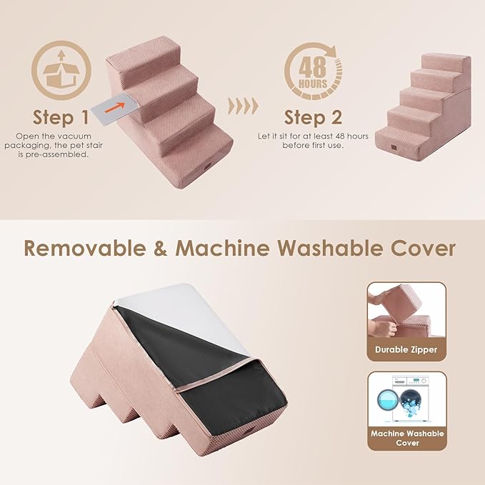 EHEYCIGA Dog Stairs for High Bed 22.5”H, 5-Step Dog Steps for Bed, Pet Steps for Small Dogs and Cats, Non-Slip Balanced Pet Ramp Indoor, Pink