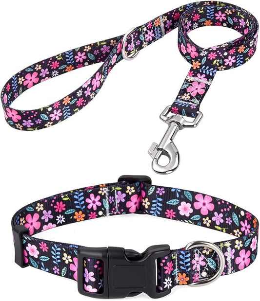 Dog Collar and Leash Set with Bohemia Floral Tribal Geometric Patterns - Soft Ethnic Style Collar Adjustable for Small Medium Large Dogs(Floral Set,XS)