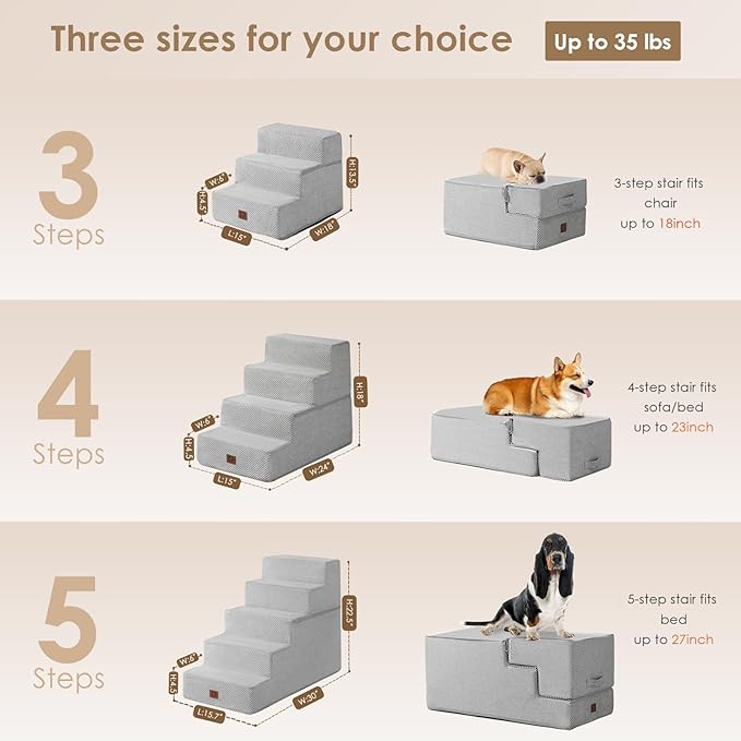 EHEYCIGA Dog Stairs for High Bed 22.5”H, 5-Step Dog Steps for Bed, Pet Steps for Small Dogs and Cats, Non-Slip Balanced Pet Ramp Indoor, Light Grey