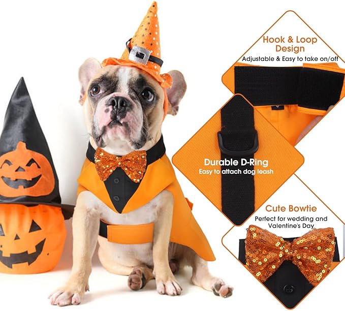 Kuoser Dog Tuxedo Suit and Bandana Set, Pumpkin Color Dogs Thanksgiving Outfit Adjustable Dog Halloween Costume with Bow Tie for Large Medium Small Dogs Golden Retriever Samo Bulldogs, XL
