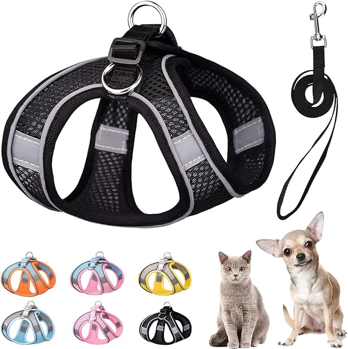 Soft Small Dog Harness and Leash Set Mesh Puppy Harnesses Leash Easy Walk Dog Vest Adjustable Reflective No Pull Dogs Harnesses for Small Dogs Cats (Black, XXS)