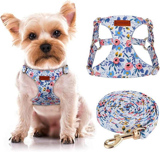 CHEDE No Pull Floral Pattern Dog Harness- Lightweight and Soft Dog Harness, Adjustable Small Dog Harness and Leash Set, with Dog Leash, Suitable for Puppy Small and Medium-Sized Dog (XS, Blue Rose)