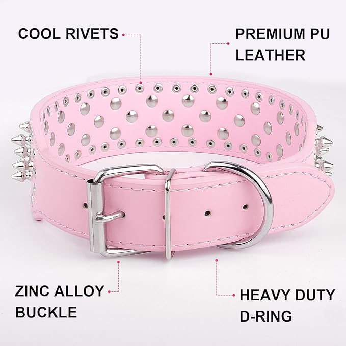 Epesiri Adjustable Wide Spiked Dog Collar, Mushroom Rivet PU Leather Cat Dog Collars, Durable Spike Studded Pet Collar for Small Medium Large Breed, PitBull Mastiff Bulldog Pugs Husky Rottweiler, Pink