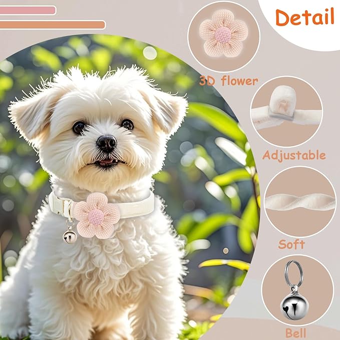 Small Dog Collar with Flower, Puppy Collars for Litter, XS Dog Collars for Small Dogs with Bell for Girl Boy Little Dog (White + Green + Blue)