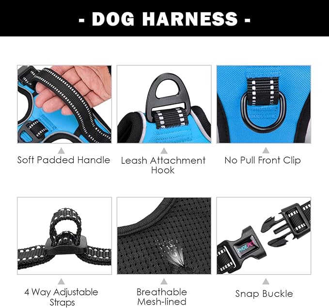 PHOEPET Reflective Dog Harness Large Breed Adjustable No Pull Vest with Handle 2 Metal Rings 3 Buckles [Easy to Put on & Take Off](L, Blue)