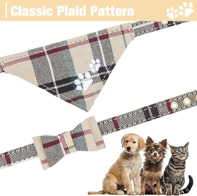 EXPAWLORER Puppy Collar and Leash Set - Embroidery Pawprints Plaid Dog Collar and Dog Leash Set, Bow Tie and Bandana Dog Collar with Bell, Collar and Leash for Dogs Cats Outdoor Walking, Beige S