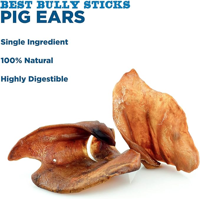 Best Bully Sticks Pig Ears for Dogs - 12 Count (Pack of 1) - All-Natural, USA Baked and Packed, Single Ingredient, 100% Pork, Easily Digestible - Puppies, Small, Medium, Large