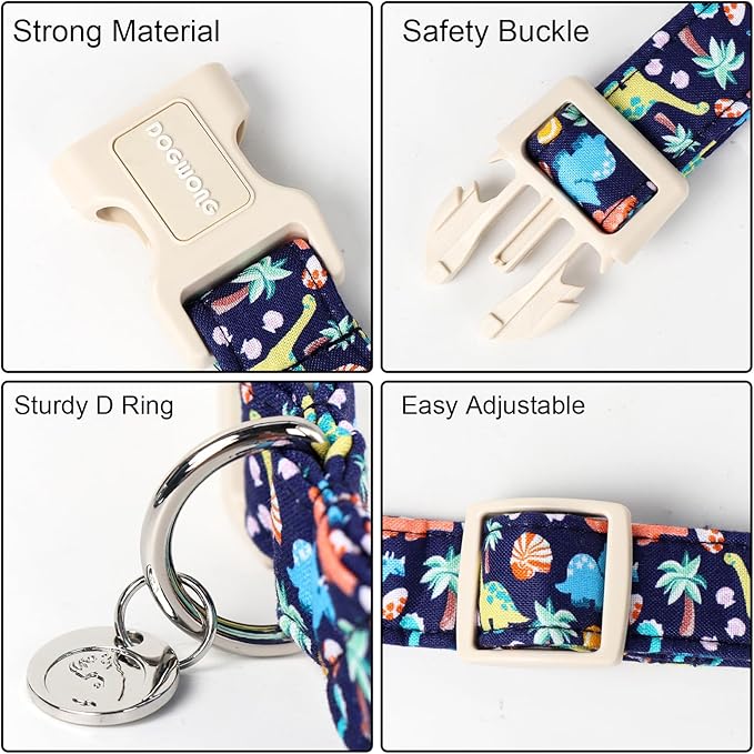 DOGWONG Cotton Dog Collar - Blue Dinosaur Design, Soft Natural Fabric, Cute Summer Puppy Necklace for Small to Large Dogs
