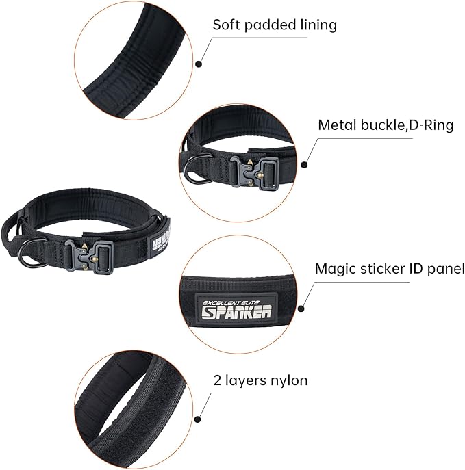EXCELLENT ELITE SPANKER Tactical Dog Collar Nylon Adjustable Training Collar Military Dog Collar Heavy Duty Metal Buckle with Control Handle for Medium and Large Dogs with Patches(Black-L)