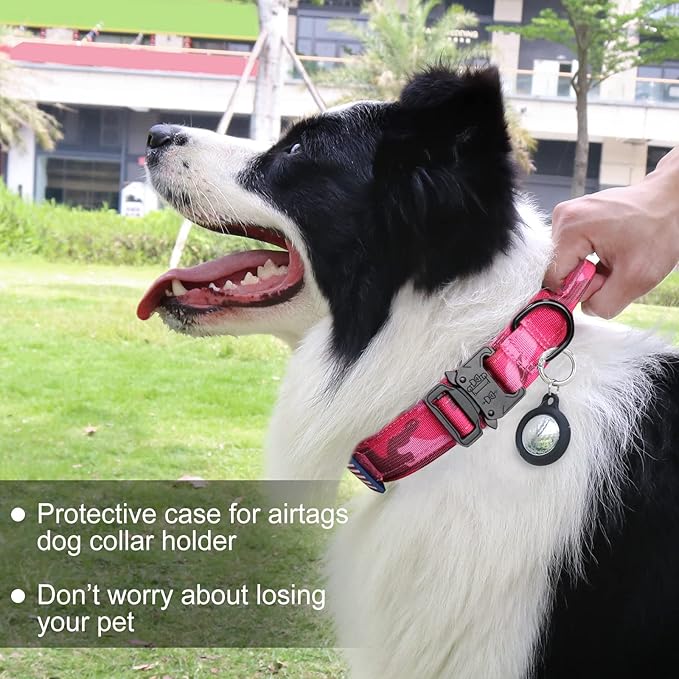 Hotsky Tactical Dog Collar, Adjustable Military Training Nylon Airtag Collar with Handle and Heavy Duty Metal Buckle for Medium Large Dogs, with Airtag Holder and Two Patches（Hotpink Camo,XL）
