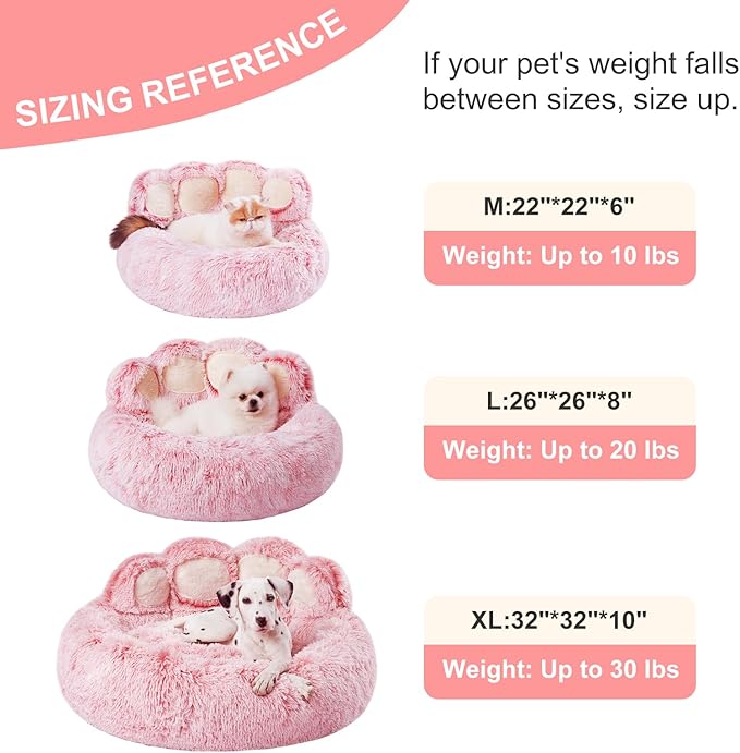 Jiupety Paw Shape Calming Pet Bed, Plush Faux Fur Donut Bed for Dogs & Cats, Machine Washable, Non-Slip Bottom, Medium (22"×22"×6"), Pink