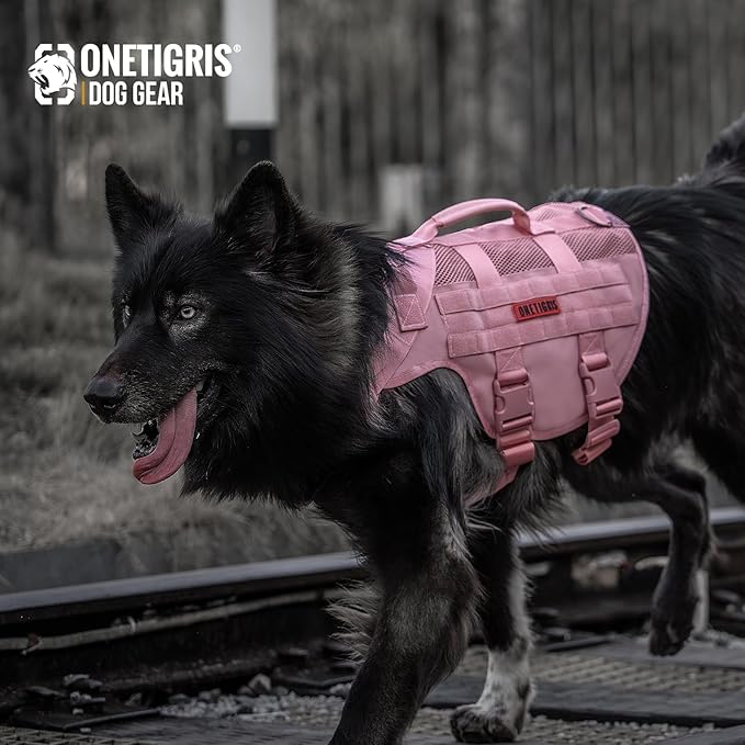 OneTigris Tactical Dog Harness with Handles - Breathable Military Molle Vest, No Pull Dog Vest for Walking, Hiking, Training (Pink, Small)