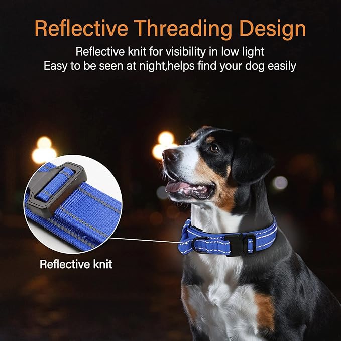 KCUCOP Tactical Dog Collar for Medium & Large Dogs - Military Nylon Heavy Duty Collar with Handle, Reflective Strip & Metal Buckle for Training, Outdoor (Dark Blue Reflective, Large)