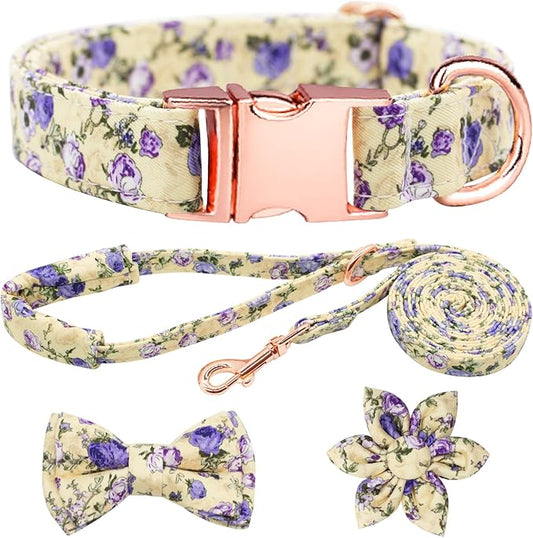 Dog Collar and Leash Set Girls Adjustable Puppy Collars with Floral Bow Tie for Small Medium Large Female Dogs, Purple Rose, L