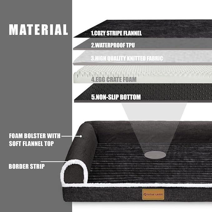 Patas Lague Orthopedic Dog Bed for Medium Dogs 30''X20'', Waterproof Comfortable L Shaped Medium Non-Slip Soft Warm Pet Sofa Sleep Bed mat with Removable Washable Cover, Black