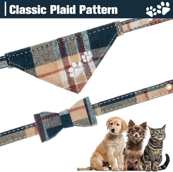 EXPAWLORER Dog Collar and Leash Set - Embroidery Pawprints Plaid Dog Collar and Dog Leash Set, Bow Tie and Bandana Dog Collar with Bell, Collar and Leash for Dogs Cats Outdoor Walking, Khaki S-M