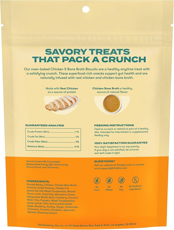 Jinx Oven-Baked Chicken Bone Broth Biscuit Treats, Crunchy, All Natural, Superfood-Rich with Real Chicken, Pumpkin & Blueberries, 16oz