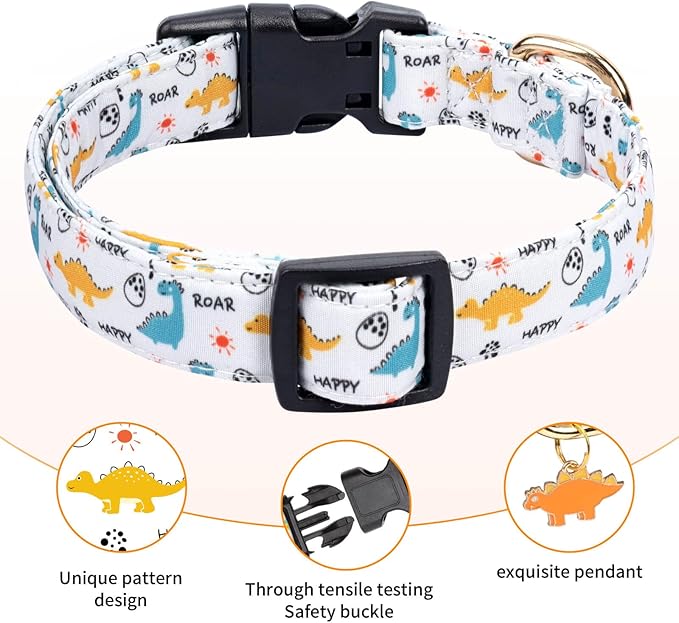 Cotton Dog Collar,Adjustable Cute Puppy Collar with Moon Patterned Design for Small Medium Large Dogs,Soft and Fancy Pet Collar with Safety Buckle for Girl Boy Dogs (Yellow Dinosaur, Medium)