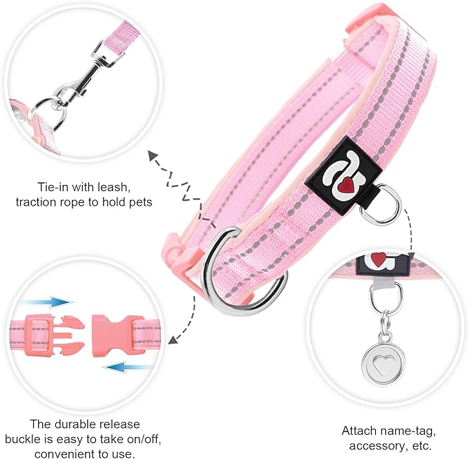 azuza Reflective Dog Collar,Soft Neoprene Padded Pet Collar with ID Tag Ring,Adjustable for Puppy and Small Dogs,Pink,XS