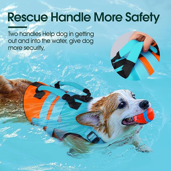 Kuoser Dog Life Jacket, Large High Flotation 2XL Dog Life Vest for Swimming Boating, Reflective Dogs Swimsuit Lifejacket, Pet Life Preserver with Double Rescue Handle, Blue, XXL