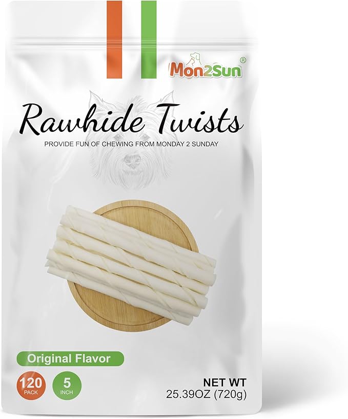MON2SUN Dog Rawhide Twist Sticks Natural 5 Inch Thin Sticks Rawhide Chews Treats for Puppy and Small Dogs 120 Count