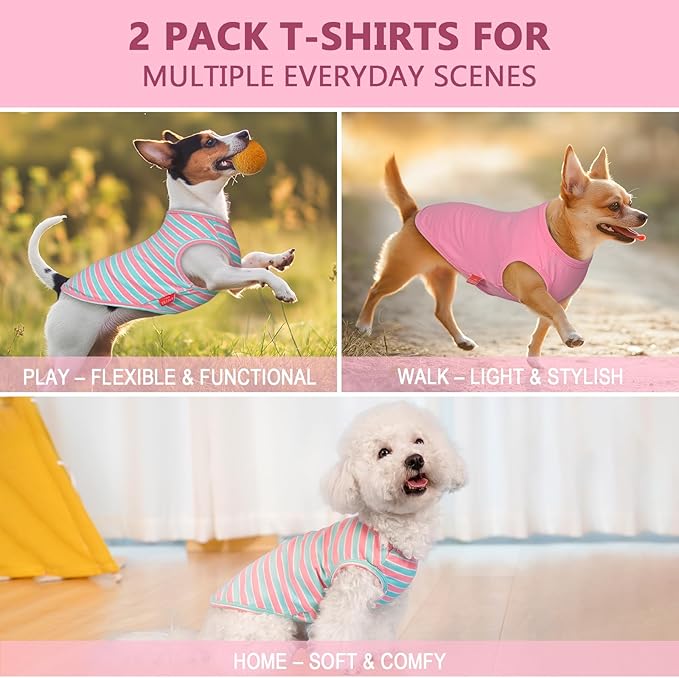 KYEESE 2Pack Dog Shirts Striped T Shirt Soft Tee for Small Dogs Cotton Tank Top Lightweight Sleeveless Vest Dog Clothes, Small,Pink+Striped