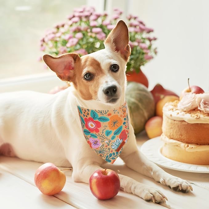 ADOGGYGO Floral Dog Bandana, Orange Green Flower Pet Scarf, Adjustable Fit Floral Bandanas for Medium Large Dogs Pets (Large)