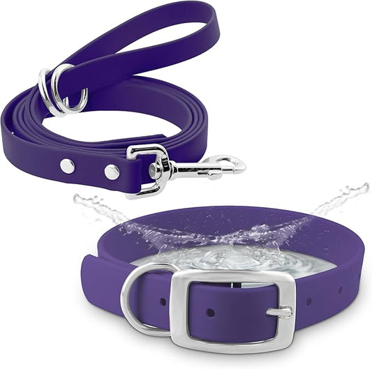 Regal Dog Products Small Purple Waterproof Dog Collar and Leash Set | Heavy Duty Double Buckle & D Ring - 5'ft Leash | Adjustable Biothane Dog Collar | Chew Resistant Waterproof Collar for Dogs
