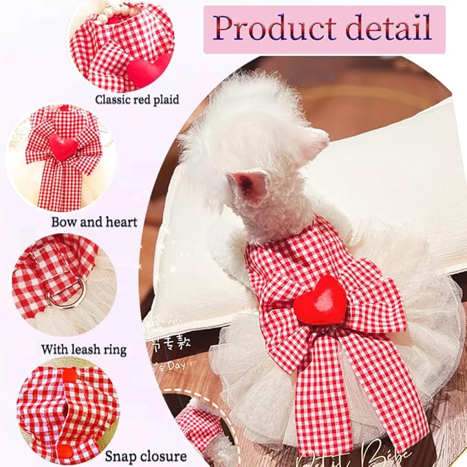 Plaid Small Dog Dress with Leash Ring Valentines Cat Outfit Dog Tutu Princess Holiday Puppy Clothes with Bow Knot and Heart Pet Apparel for Kitten Chihuahua Yorkie (Red, Small)