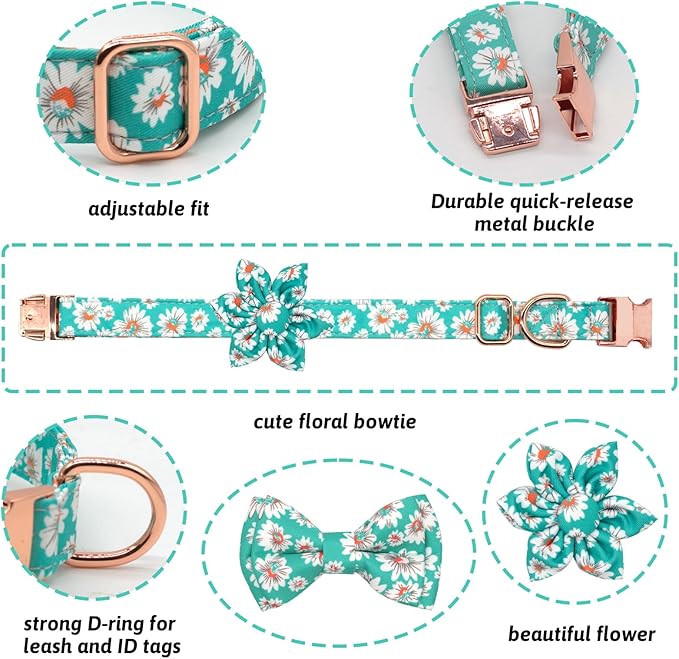 Dog Collar and Leash Set Girls Adjustable Puppy Collars with Floral Bow Tie for Small Medium Large Female Dogs, Light Green Daisy, L