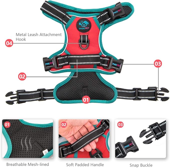 PHOEPET No Pull Dog Harness, Unique Colors Reflective Adjustable Dog Vest, with Soft Training Handle Metal Clips for Small Medium Large Dogs (Red Base & Teal Straps,XL)