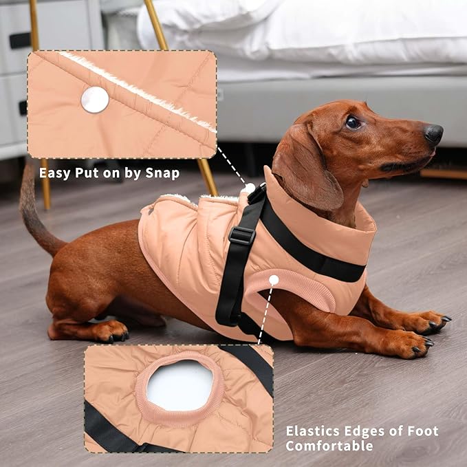 Dog Jacket with Harness,Fleece Lined Warm Puppy Coat for Winter,Soft Windproof Small Dog Vest,LightOrange S