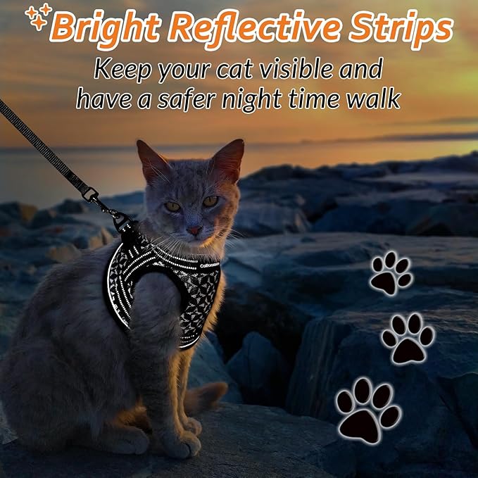 Cat Harness and Leash Escape Proof for Walking, Safe Adjustable Medium Kitten Vest Set with Reflective Strip for Kitty, Easy Control Comfortable Soft Outdoor Pet Harnesses, Black, Medium