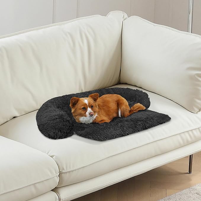 Calming Dog Bed Fluffy Plush Dog Mat for Furniture Protector with Removable Washable Cover for Large Medium Small Dogs and Cats (XS(31“x23.5”x5“), Dark Grey)