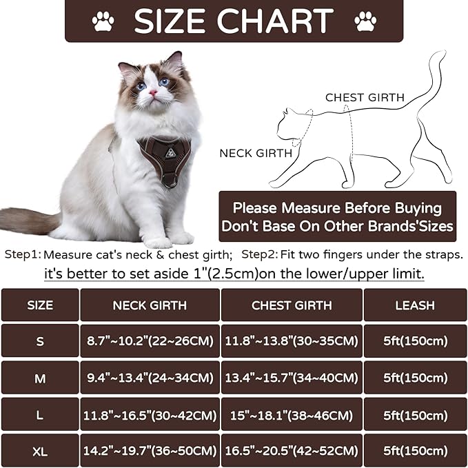 Cat Harness and Leash Set for Large Cat Small Dog Puppy, Escape Proof Adjustable Vest with Lead for Outdoor Walking, Soft Breathable Mesh Jacket with Reflective Strips for Dark Night, L Brown