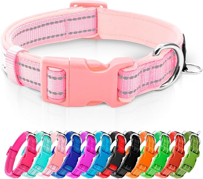 azuza Reflective Dog Collar,Soft Neoprene Padded Pet Collar with ID Tag Ring,Adjustable for Medium Dogs,Pink,M
