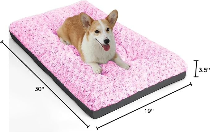 POCBLUE Deluxe Washable Dog Bed for Medium Dogs Dog Crate Mat 30 inch Comfy Fluffy Kennel Pad Anti-Slip for Dogs Up to 40 lbs, 30" x 19", Pink