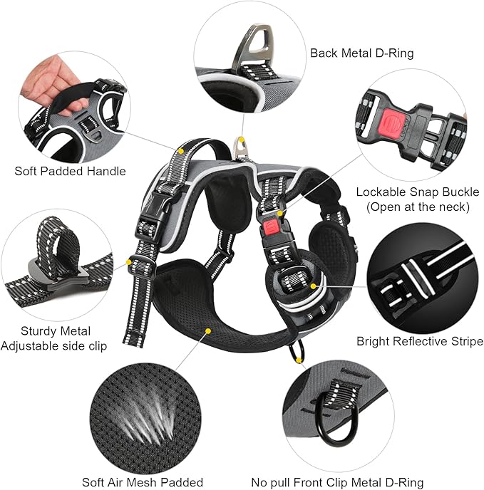 Timos Dog Harness Small Sized, No Pull with Neck Lockable Snap,No Choke Front Clip Dog Reflective Harness,Adjustable Metal Rings 3 Buckles,Easy Control Handle for Small Dogs Gray XS