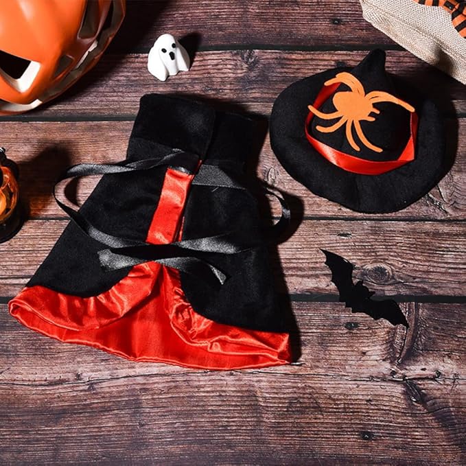 Dog Cats Witch Halloween Costume Cape Suit, Spider Wizard Cloak & Hat for Puppy Cosplay Clothes Apparel, Pets Cute Outfit Dress Up Accessories for Halloween Party Decor