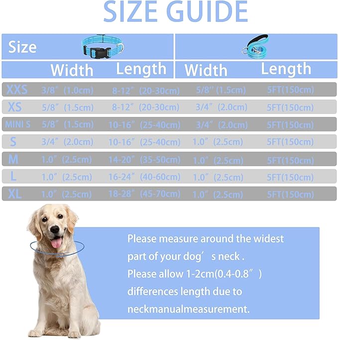 Reflective Dog Collar with Safety Locking Buckle, Adjustable Soft Breathable Nylon Collars for Small, Medium and Large Dogs(Collar+Leash S Width 5/8" Sky Blue)