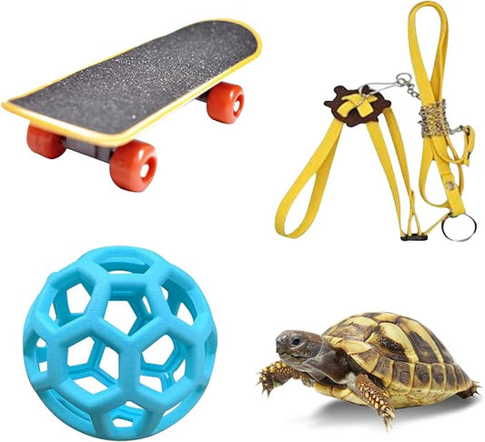 Tortoise Treat Ball, Adjustable Leash and Training Skateboard Toy Set, Turtle Feeder Ball, Turtle Training Harness and Mini Skateboard，for Small Pets, Accessories Set for Tortoises